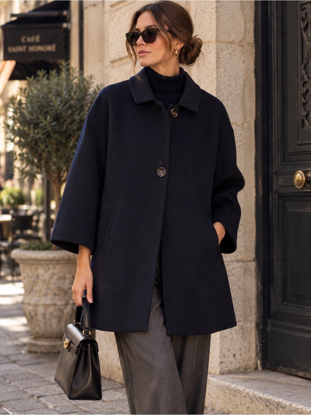 Elie Tahari Deep Navy Wool Blend Coat Oversized Minimalist Quiet Luxury Chic
